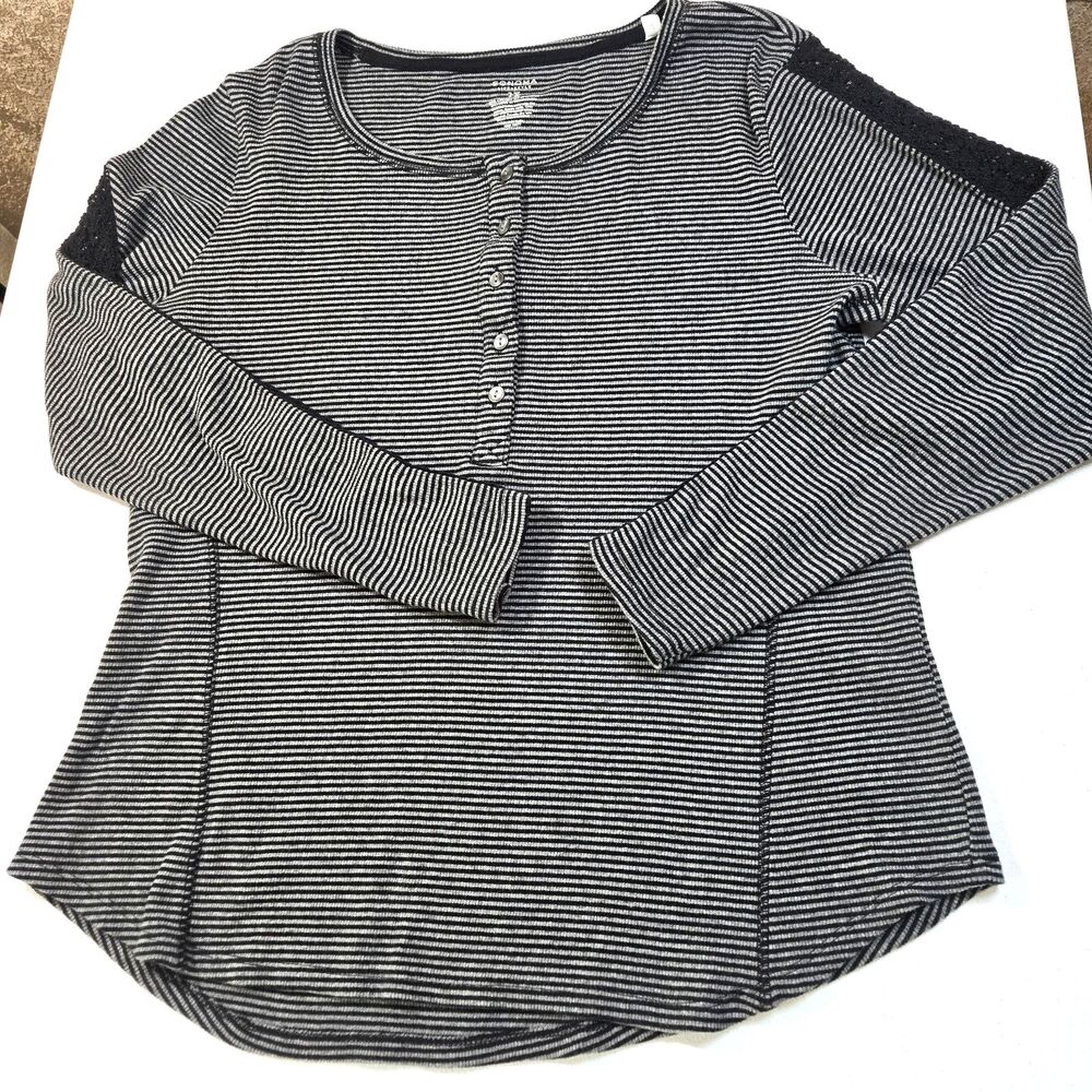 Sonoma Goods For Life Stiped Knit Henley Top Crochet Sleeve Detail Black/Gray 1X